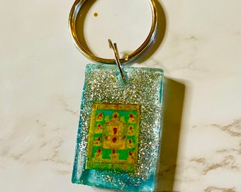 Kursk Root Icon handmade resin keychain, blue with silver glitter