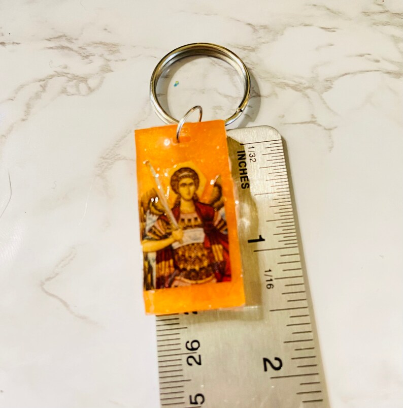 Saint Michael the Archangel Byzantine Greek Orthodox Icon Keychain, turquoise resin image 6