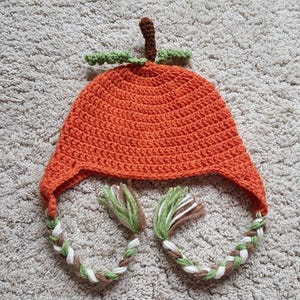 May include: Orange crocheted pumpkin hat with green and brown braided ties.