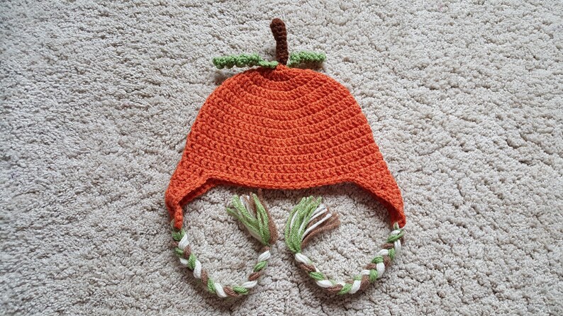 May include: Orange crocheted pumpkin hat with green and brown braided ties.