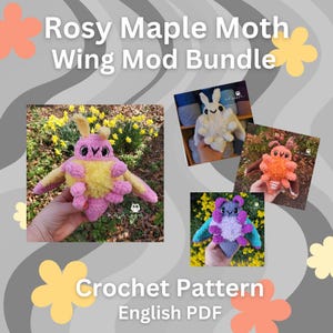 Może przedstawiać: Obraz przedstawia wzór na szydełko Rosy Maple Moth Wing Mod Bundle. Zawiera kilka ręcznie robionych szydełkowych molów w różnych kolorach, w tym różowym, żółtym, pomarańczowym, fioletowym i turkusowym. Tekst na obrazie brzmi "Rosy Maple Moth Wing Mod Bundle" i "Crochet Pattern English PDF."
