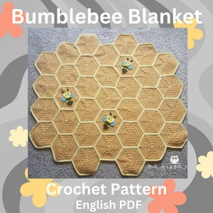 May include: Crochet pattern for a honeycomb blanket with three bumblebees. The pattern is available as an English PDF download.