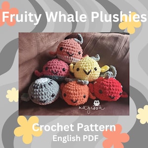 Puede incluir: Patrón de crochet para hacer un conjunto de seis peluches de ballena de colores. Las ballenas están hechas en diferentes colores, incluyendo rojo, naranja, amarillo, verde y azul. El patrón está disponible en formato PDF en inglés.