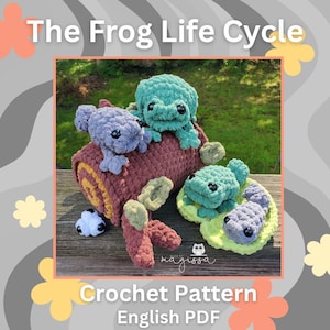 May include: A crochet pattern titled The Frog Life Cycle featuring plush yarn figures of frogs in various developmental stages, including a brown log, green and purple frogs, and a light green lily pad, with the text Magissa visible.