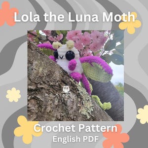 Può includere: Una falena Luna all'uncinetto, con corpo bianco, ali rosa e verdi e occhi neri, appollaiata su un ramo. L'immagine include il testo "Lola the Luna Moth" e "Crochet Pattern English PDF".