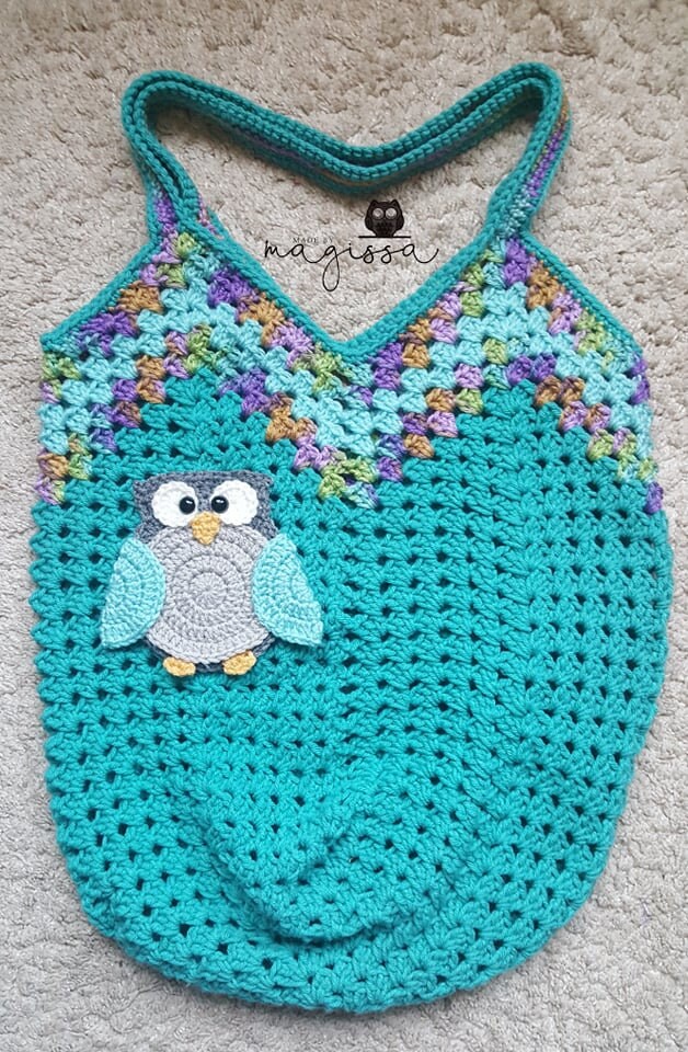 Granny Square Owl Tote Bag - Handmade Crochet - Market Bag