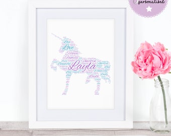 Personalised Word Art Print Unicorn daughter family birthday child gift Frame