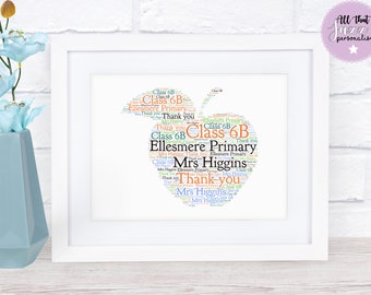Personalised Word Art Print Apple Teacher Thank you School Apple Nursery gift card Frame