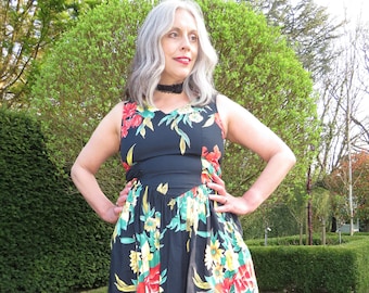 Vintage 1980s Richard Shops Black Floral Sleeveless Tea Dress with Pockets Laura Ashley Style