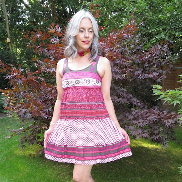 Vintage Indian Cotton Gauze Pink Floral Babydoll Minidress Tunic Small