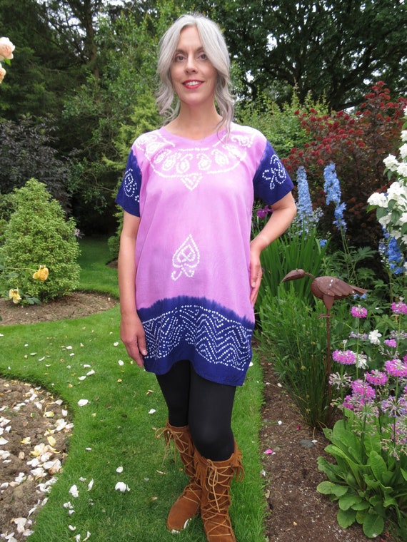 Vintage Cotton Ethnic Block Print Purple And Lilac Dip Dye Ombre Longer Length Loose Fit Tunic With Short Sleeves And Side Slits