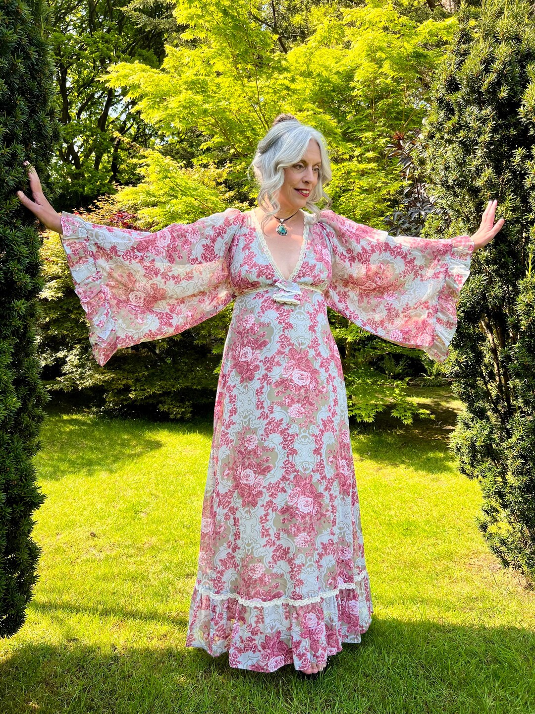Vintage 1970s Gunne Sax by Jessica Size 13 Pink Roses Print Angel ...
