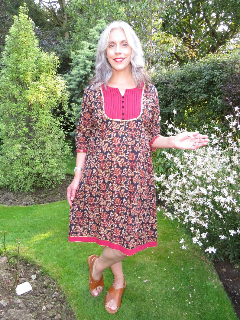 Vintage William Morris Liberty Style Print Indian Cotton Dress With Buttons and Sequin Trim image 1