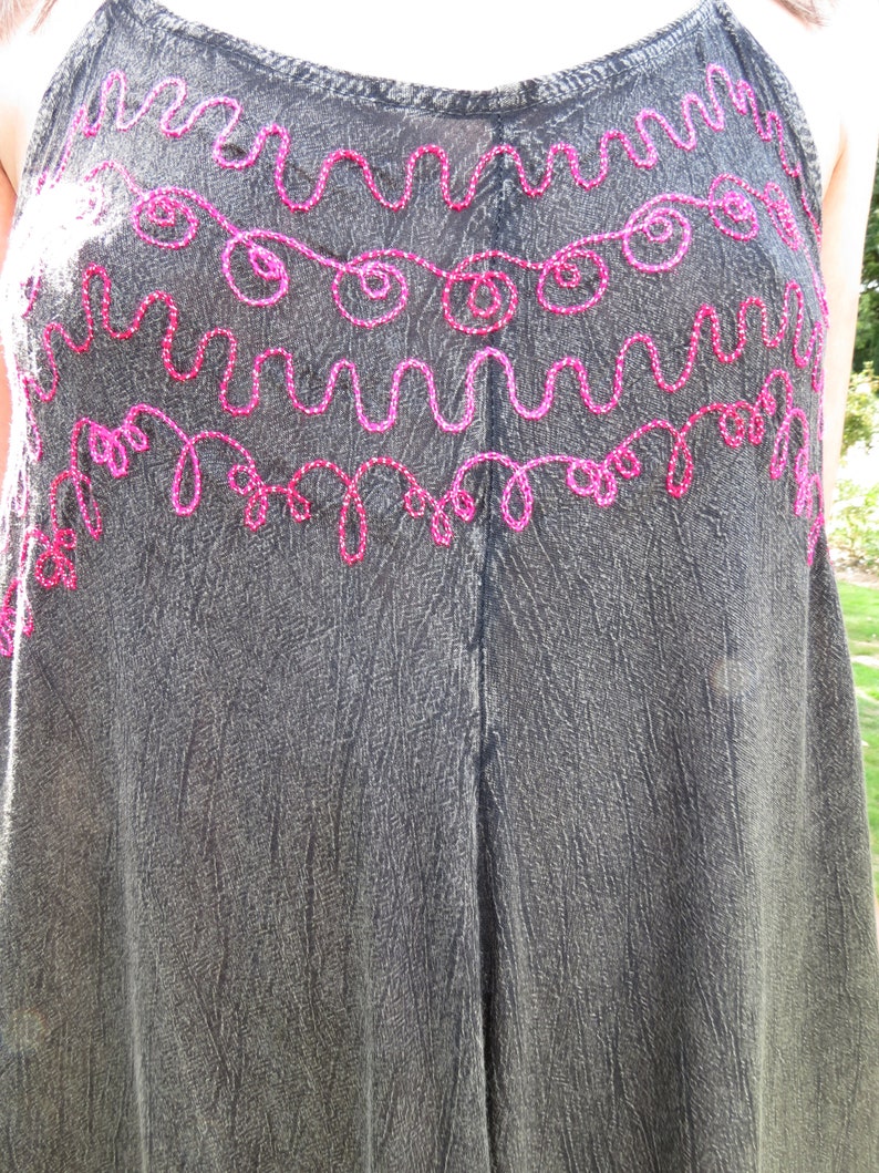 Vintage Indian Grey Asymmetric Hem Floaty Fringed Pixie Flower Fairy Sundress with Silky Embroidery and Adjustable Straps Freesize