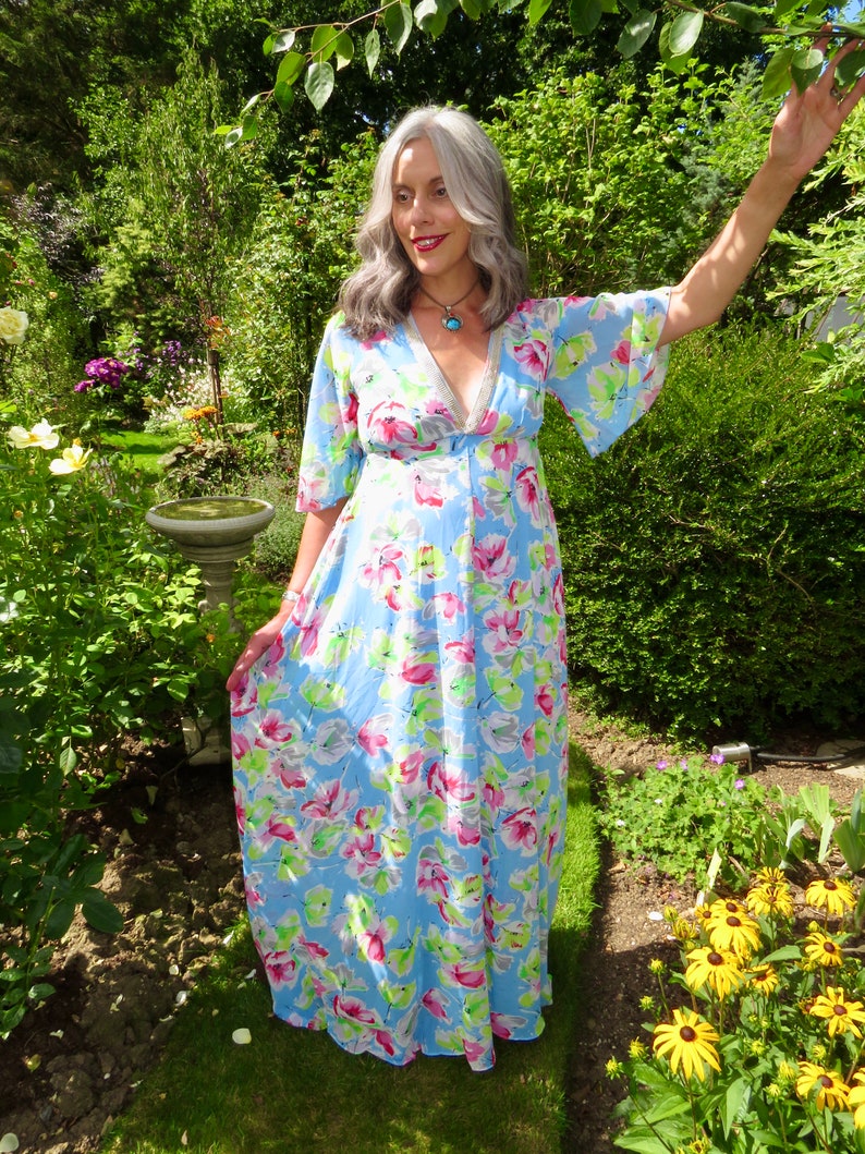 Vintage 1970s Style Pale Blue Floral Angel Butterfly Sleeve Chiffon Maxi Dress with Silver Beading Medieval Flower Fairy Folk Style