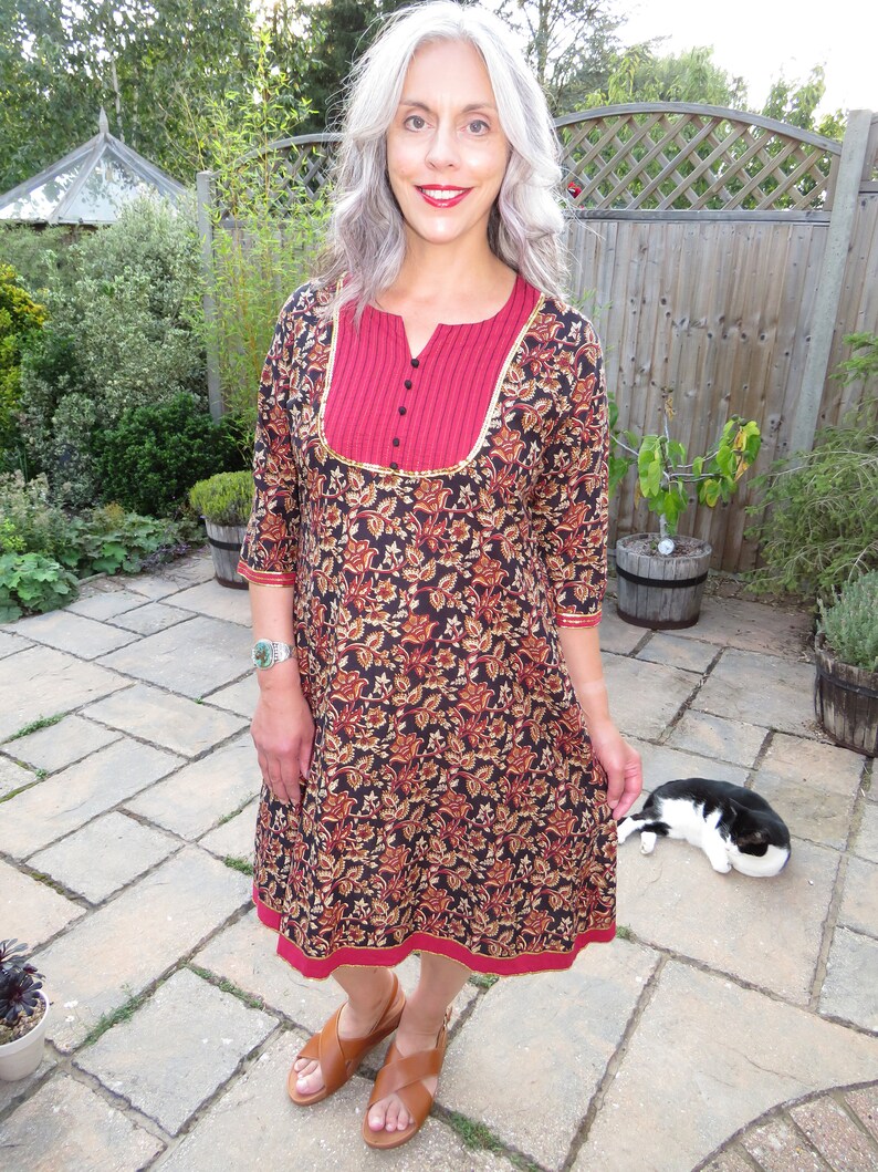 Vintage William Morris Liberty Style Print Indian Cotton Dress With Buttons and Sequin Trim image 7