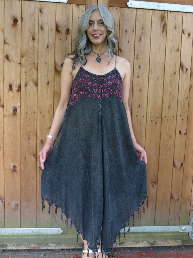 Vintage Indian Grey Asymmetric Hem Floaty Fringed Pixie Flower Fairy Sundress with Silky Embroidery and Adjustable Straps Freesize