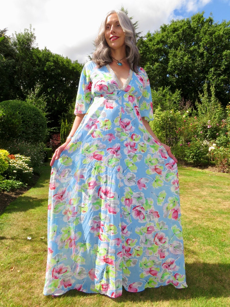 Vintage 1970s Style Pale Blue Floral Angel Butterfly Sleeve Chiffon Maxi Dress with Silver Beading Medieval Flower Fairy Folk Style