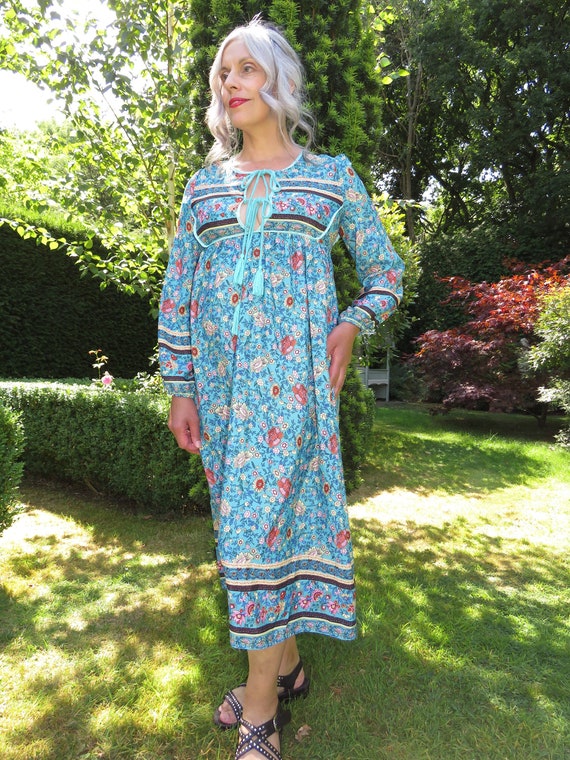 Vintage Turquoise Blue Floral Midi Indian Hippy Boho Dress - Etsy UK