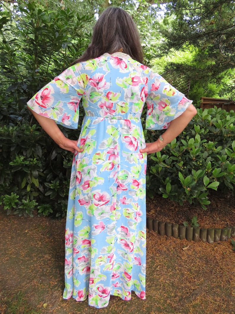 Vintage 1970s Style Pale Blue Floral Angel Butterfly Sleeve Chiffon Maxi Dress with Silver Beading Medieval Flower Fairy Folk Style