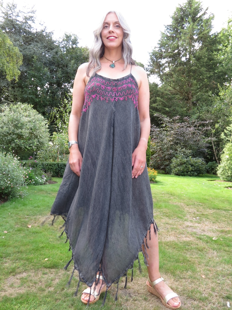 Vintage Indian Grey Asymmetric Hem Floaty Fringed Pixie Flower Fairy Sundress with Silky Embroidery and Adjustable Straps Freesize