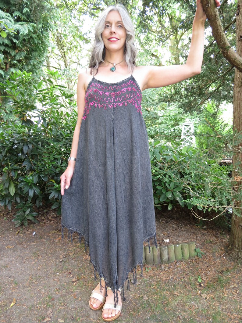 Vintage Indian Grey Asymmetric Hem Floaty Fringed Pixie Flower Fairy Sundress with Silky Embroidery and Adjustable Straps Freesize