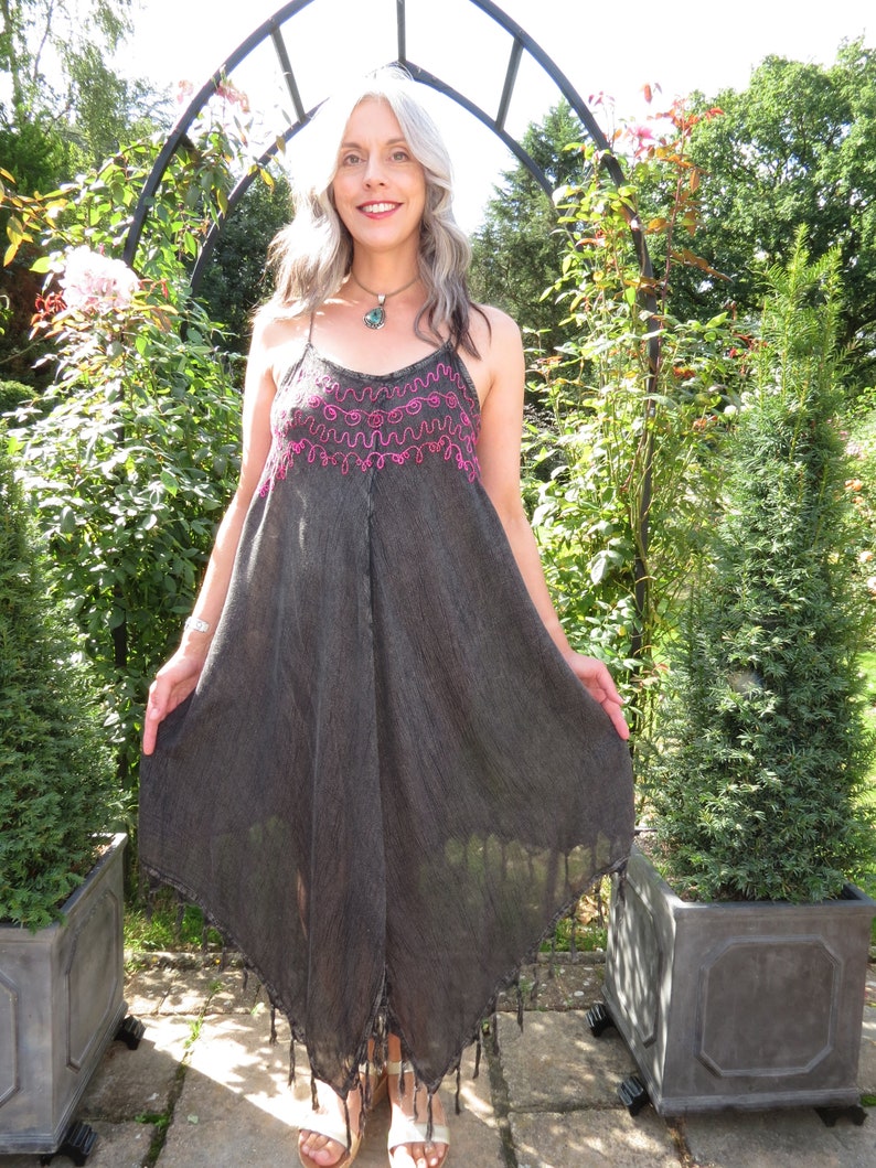 Vintage Indian Grey Asymmetric Hem Floaty Fringed Pixie Flower Fairy Sundress with Silky Embroidery and Adjustable Straps Freesize