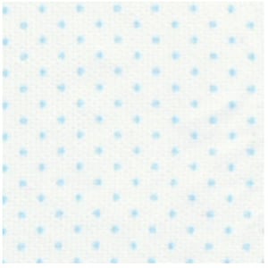 May include: White fabric with a repeating pattern of light blue polka dots. The dots are evenly spaced across the surface, creating a simple and clean design. The fabric appears to be a lightweight material.