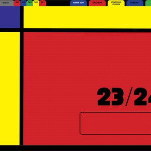 May include: A red and yellow planner with a black number "23/24" and a blank white rectangle. The planner has tabs for "Home", "WOTY", "AUT", "WIN", "SPR", "SUM", "A24", "Lunar Log", "Daily Log", "Longform Journal", "Custom", and "Index".