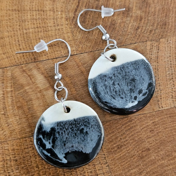 Ceramic earrings, black and white, with stainless steel hooks