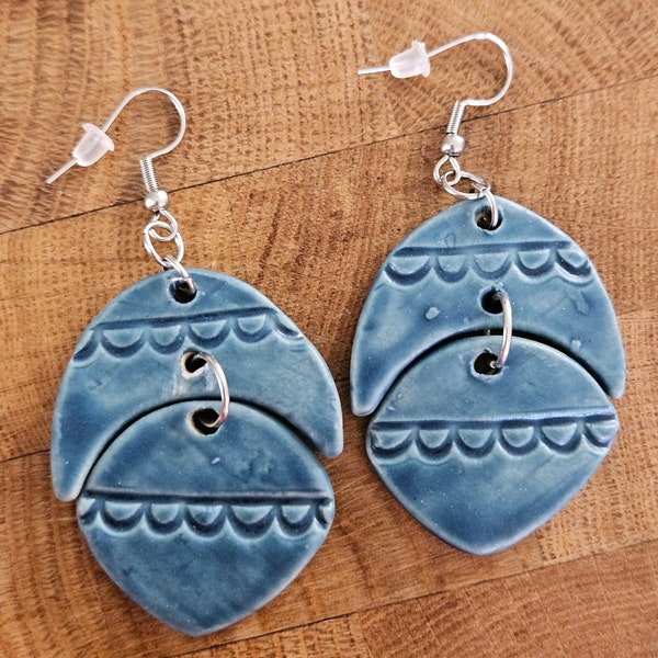 Ceramic earrings, satin blue, with stainless steel hooks