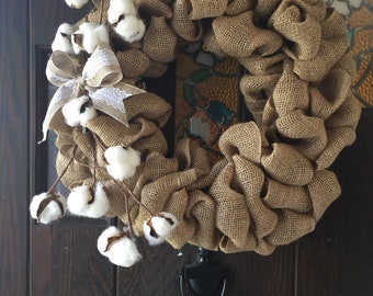 Burlap & cotton farmhouse wreath