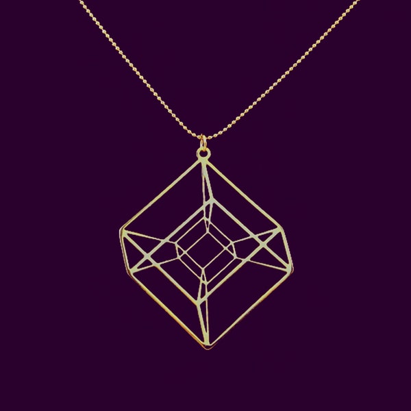 Hypercube - Gold Geometry necklace - Tesseract - math gift - 24 karat gold plated necklace- 4D cube necklace