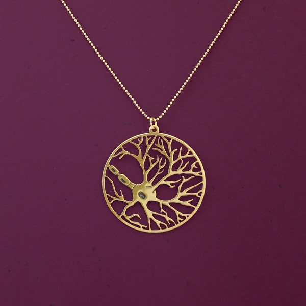 Neuron in a circle necklace, psychology necklace, biology jewelry, 24 Karat gold plated necklace