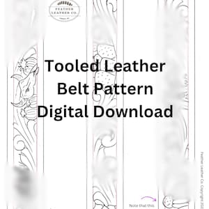 Könnte beinhalten: Eine Schwarzweiß-Zeichnung eines geprägten Ledergürtels. Das Muster enthält eine Blume, Ranken und einen Stierkopf. Das Bild ist in drei Abschnitte unterteilt, die jeweils einen anderen Teil des Musters zeigen. Der Text "Tooled Leather Belt Pattern Digital Download" ist in großen Buchstaben oben im Bild geschrieben.