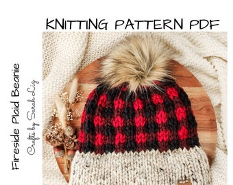 KNITTING PATTERN - Fireside Plaid Beanie, Chunky Knit Hat Pattern, Women's Hat Pattern, Plaid Knitting Pattern, Fair Isle Knitting Pattern