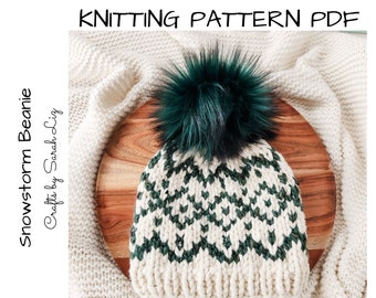 KNITTING PATTERN - Snowstorm Beanie, Fair Isle Pattern, Women's Knit Hat Pattern, Chunky Knit Pattern, Knit Beanie Pattern, Knit Hat Pattern