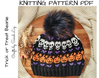 KNITTING PATTERN - Trick or Treat Beanie, Fair Isle Hat Pattern, Women's Knit Hat Pattern, Halloween Beanie, Halloween Knitting Pattern