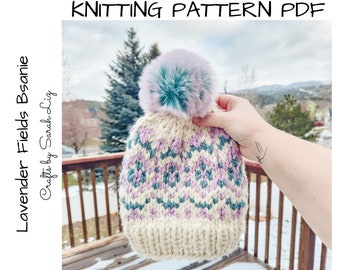 KNITTING PATTERN - Lavender Fields Beanie, Fair Isle Pattern, Women's Knit Hat Pattern, Chunky Knit Pattern, Knit Beanie Pattern, Knit Hat