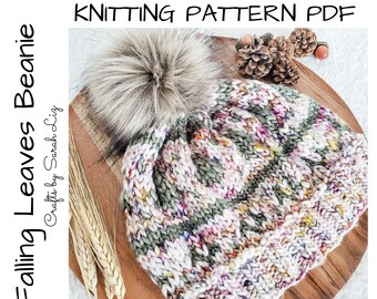 KNITTING PATTERN - Falling Leaves Beanie, Beanie Knitting Pattern, Hat Knitting Pattern, Knitting Colorwork Pattern, Fall Knitting Pattern