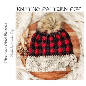 KNITTING PATTERN - Fireside Plaid Beanie, Chunky Knit Hat Pattern, Women&#39;s Hat Pattern, Plaid Knitting Pattern, Fair Isle Knitting Pattern