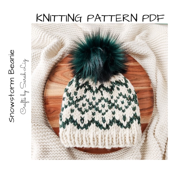 KNITTING PATTERN - Snowstorm Beanie, Fair Isle Pattern, Women's Knit Hat Pattern, Chunky Knit Pattern, Knit Beanie Pattern, Knit Hat Pattern