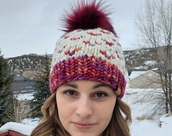 Ready to ship - Luxury Wool Beanie, Hand Dyed Yarn Beanie, Women's Knit Beanie, Gift Women, Women's Knit Hat, Birds of a Feather Beanie Red