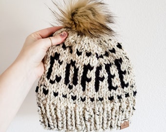 Women's Coffee Hat, Coffee Beanie, Coffee Lovers Gift, Chunky Knit Hat, Winter Beanie, Womens Beanie, Gift Women, Fair Isle Knit Beanie