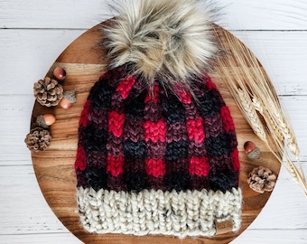Women's Plaid Hat, Christmas Hat, Chunky Knit Hat, Winter Beanie, Womens Beanie, Gift Women, Buffalo Plaid Hat, Plaid Beanie, Fall Beanie