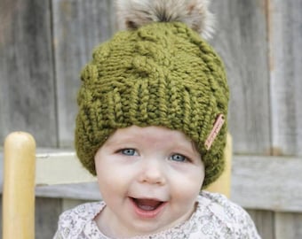 Baby Knit Beanie, Kid's Knit Beanie, Chunky Knit Beanie, Infant Knit Beanie, Baby Winter Hat, Faux Fur Pom Pom, Knit Cable Hat, Baby Shower