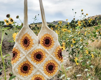 Sunflower Purse, Sunflower Tote Bag, Crochet Purse, Bohemian Purse, Festival Bag, Shoulder Bag, Gift Women, Granny Square Purse, Crochet Bag