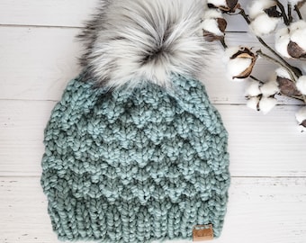 Women's Knit Hat, Winter Knit Hat, Furry Pom Pom Hat, Snowboarding Hat, Knit Winter Beanie, Women's Beanie, Yvette Beanie, Gift for Her