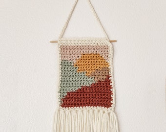 Mountain Sunset Wall Hanging, Crochet Wall Hanging Fringe Wall Hanging, Boho Wall Hanging, Mountain Wall Hanging, Landscape Wall Hanging