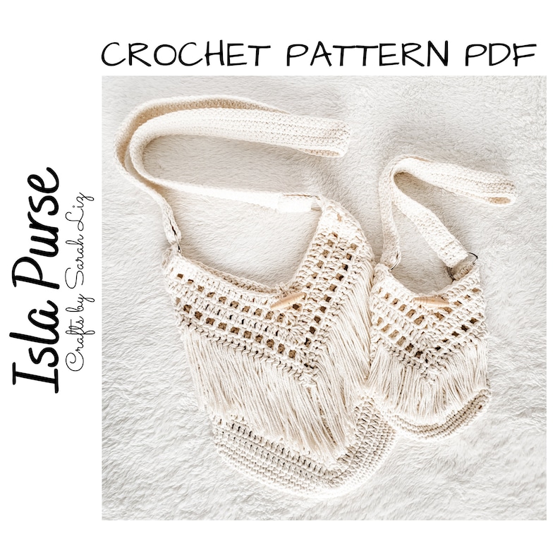 May include: Two crocheted bags with fringe detailing. The larger bag has a long strap and the smaller bag has a shorter strap. Both bags are made with a natural coloured yarn.